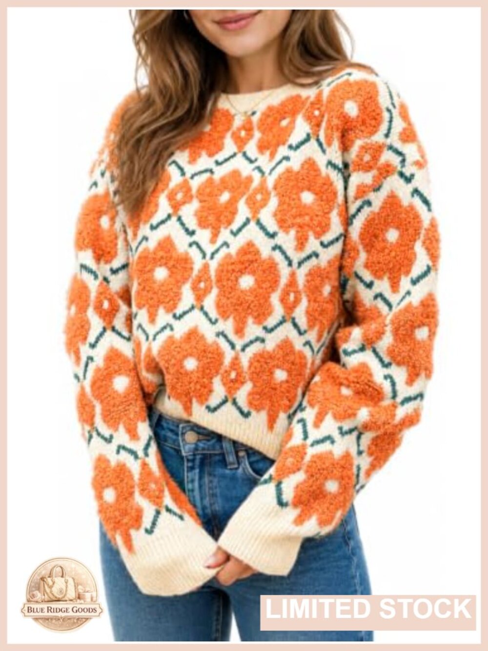 Oversized Chunky Knit 3D Floral Crewneck Pullover Sweater